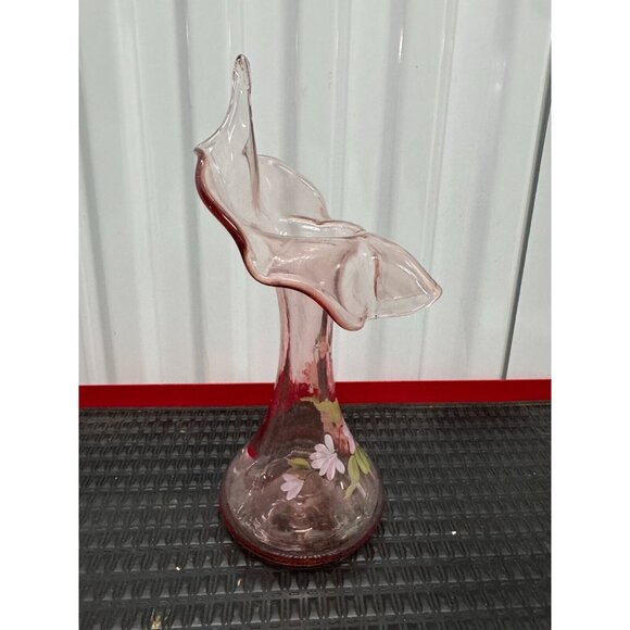 FENTON HAND PAINTED FLOWERS & SIGNED FENTON JACK IN THE PULPIT PINK GLASS VASE - Picture 7 of 15